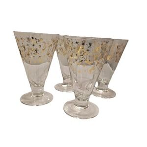 Vintage MCM Footed Cocktail Glasses Set of 4 Gold Black Atomic Starburst K Logo